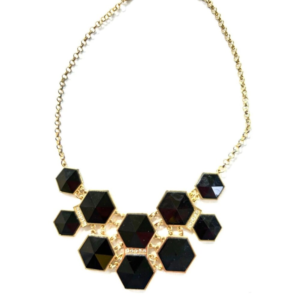 Vintage Style Black Hexagon Statement Necklace Gold Tone Honeycomb Collar Retro
